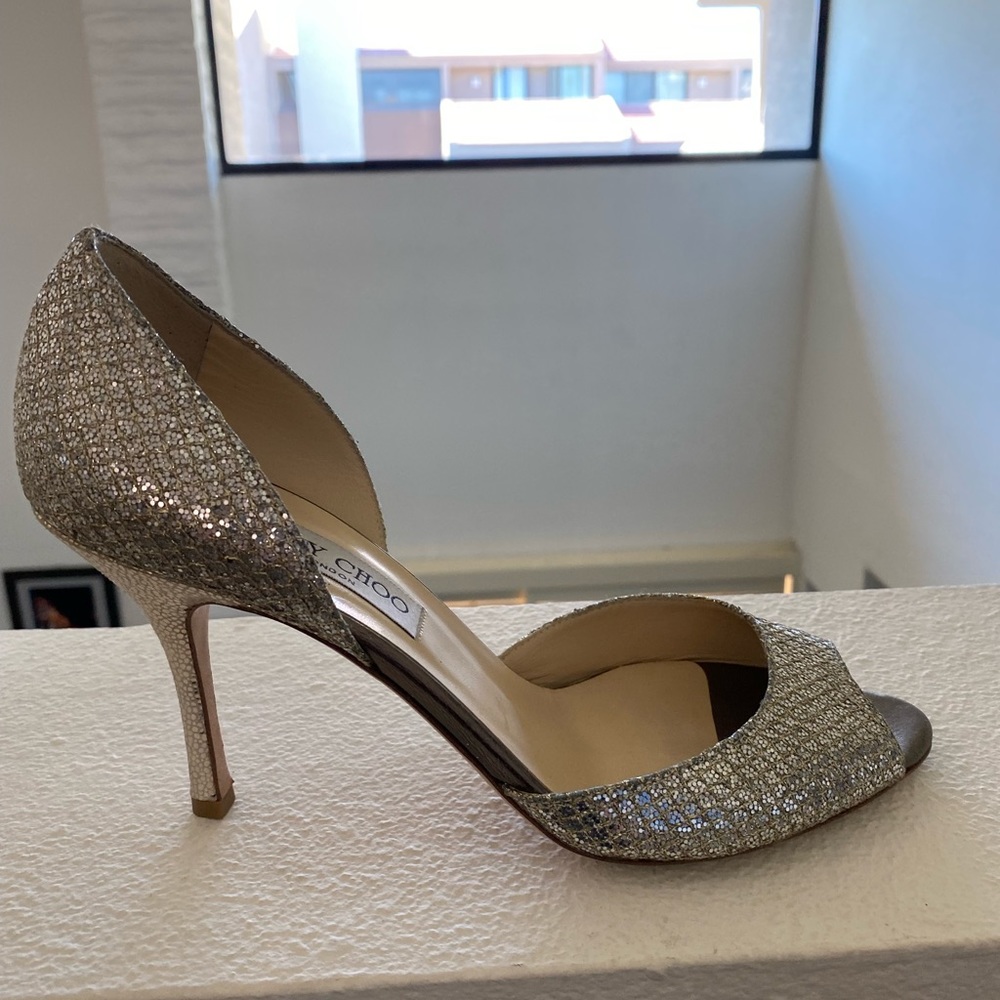 Jimmy Choo Logan Glitter Fabric Peep Toe D’Orsay Pump - Champagne - Size 9.5